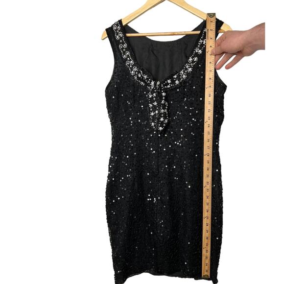 VINTAGE 1970s Stenay 8 Beaded Pearls Sequins Sleeveless Dress 100% Silk Black - Picture 6 of 8